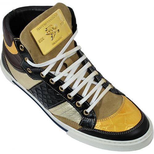Matteo & Massimo "CV6" Metallic Gold / Black / Tan / Violet Genuine  Alligator / Nappa Leather High Top Sneakers